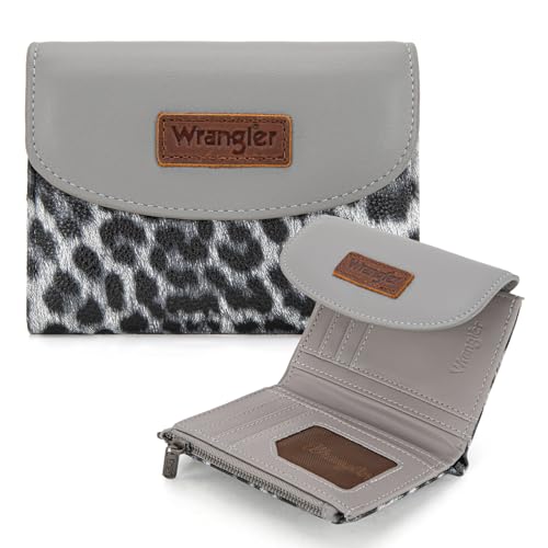 Montana West X Wrangler Kleine Geldbörsen für Damen, dreifach faltbar, RFID-blockierend, große Kapazität, Clutch-Geldbörsen mit Münzgeldbörsen, Leopard-Grau von Montana West