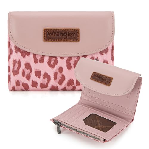 Montana West X Wrangler Kleine Geldbörsen für Damen, dreifach faltbar, RFID-blockierend, große Kapazität, Clutch-Geldbörsen mit Münzgeldbörsen, Leopard-pink von Montana West