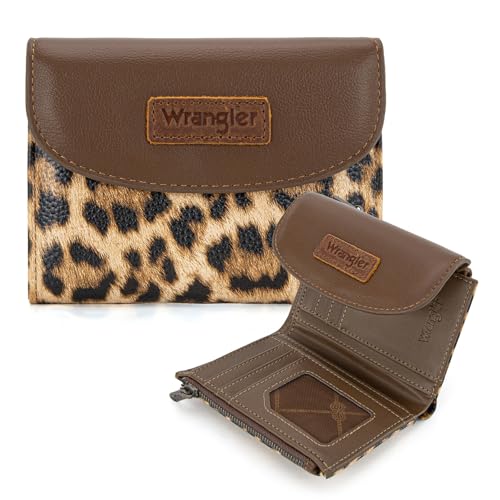 Montana West X Wrangler Kleine Geldbörsen für Damen, dreifach faltbar, RFID-blockierend, große Kapazität, Clutch-Geldbörsen mit Münzgeldbörsen, Leopardenmuster von Montana West