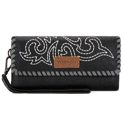 Montana West X Wrangler Western-Geldbörsen für Damen, dreifach gefaltete Handgelenke, große Kapazität, Clutch-Geldbörse mit Münzgeldbörse, Stickgarn, schwarz von Montana West
