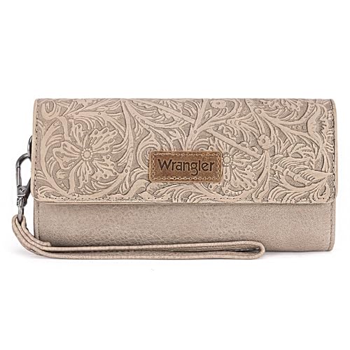 Montana West X Wrangler Western-Geldbörsen für Damen, dreifach gefaltete Handgelenke, große Kapazität, Clutch-Geldbörse mit Münzgeldbörse, Werkzeug-Apricot, Western von Montana West