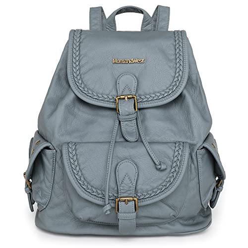 Montana West Rucksack für Damen, weiches gewaschenes Leder, Kordelzug, lässiger Reiserucksack, Jeansblau, Medium, Traditionelle Rucksäcke von Montana West