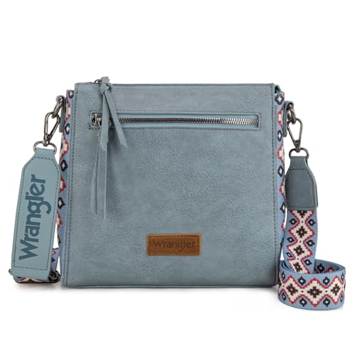 Wrangler Azteken-Umhängetasche, mittelgroß, für Damen, Western-Handtasche mit Gitarrengurt, Jeansblau, 9.5"D x 3" W x 9.3"H Wrangler Azteken-Umhängetasche, mittelgroß, für Damen, Western-Handtasche mit Gitarrengurt, Jeansblau, 9.5"D x 3" W x 9.3"H von Montana West