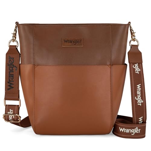 Wrangler Große Umhängetasche für Damen, veganes Leder, Cross-Body-Tasche mit Gitarrengurt, braun von Montana West
