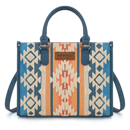 Wrangler Chenille-Tragetasche für Damen, Western-Umhängetasche, Aztekenmuster, Tragegriff oben, Jeansblau, Large von Montana West