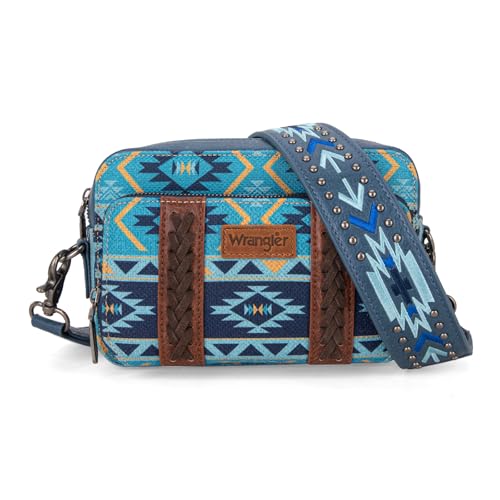 Wrangler Crossbody-Tasche für Damen, Boho-Aztekenmuster, klein, mehrere Taschen, Crossover-Geldbörse, Angel Diamond Navy mit verstellbarem Riemen von Montana West