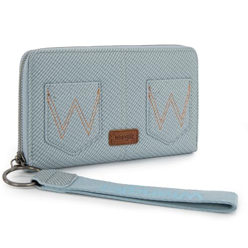 Wrangler Damen-Geldbörsen mit RFID-blockierendem Handgelenk, Clutch, Kartenhalter mit Reißverschluss, Münztaschen, Jeansblau, Large von Montana West