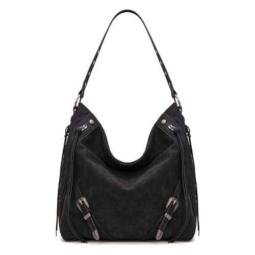 Wrangler Große Hobo-Geldbörsen und Handtaschen für Damen mit Schnalle und Fransen, Reißverschluss, Wildlederimitat, Schwarz von Montana West