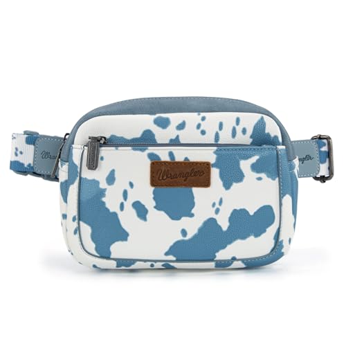 Wrangler Gürteltasche mit Kuh-Druck, Western-Gürteltasche für Damen, mit verstellbarem Riemen, Kuhmuster, Blau von Montana West