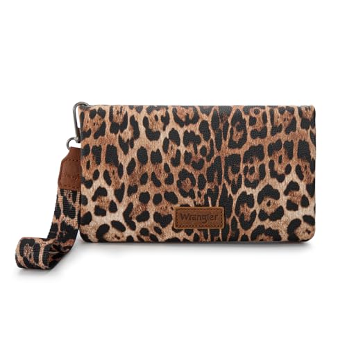 Wrangler Handgelenk-Geldbörse, RFID-blockierend, faltbar, Clutch, Damen, Kreditkartenhalter, Kuh-Druck, mit Crossbody-Gurt, B-Leopard Brown, Small von Montana West