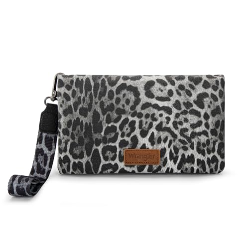 Wrangler Handgelenk-Geldbörse, RFID-blockierend, faltbar, Clutch, Damen, Kreditkartenhalter, Kuh-Druck, mit Crossbody-Gurt, B-Leopard Schwarz, Small von Montana West
