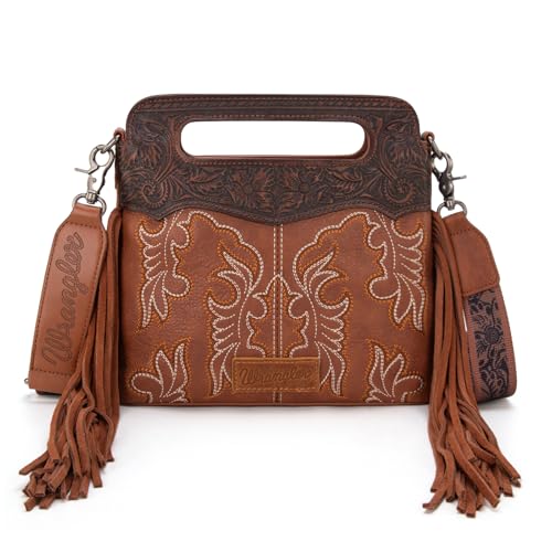Wrangler Crossbody-Tasche für Damen, Western-Fransen, Tragegriff oben, bestickt, Bootscroll, Crossbody-Tasche, A-mittelbraun, Medium von Montana West