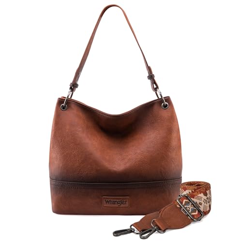 Wrangler Hobo-Taschen für Damen, veganes Leder, Griff oben, Schultertaschen und Handtaschen, Mit Gurt Used-Braun, Medium von Montana West