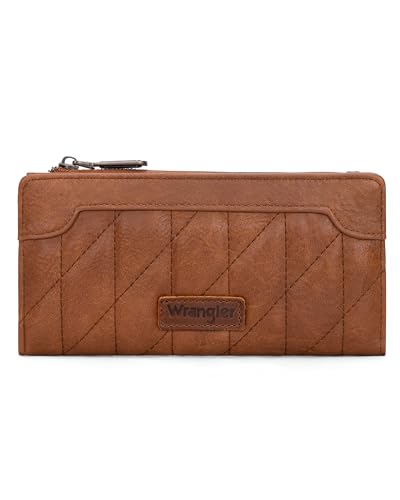 Wrangler Minimalistische Geldbörse für Damen, Kreditkartenetui, Reisebrieftasche, Kartenetuis und Geldorganizer mit glatten Reißverschlüssen, Gesteppt - Braun, Minimalistisch von Montana West