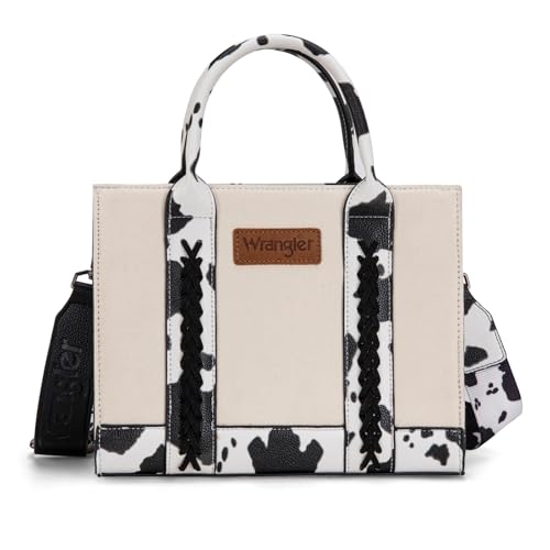 Montana West Wrangler Mittelgroße Tragetasche für Damen, Segeltuch, Handtasche mit Tragegriff oben, mit Reißverschlusstasche, Cow Black, Medium von Montana West