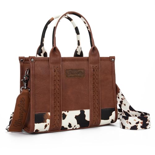 Wrangler Tote Handtasche für Damen, Kuh-Druck, Geldbörse mit Tragegriff oben, M brauner Gitarrengurt, Medium von Montana West