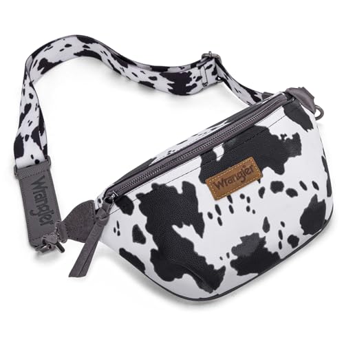Wrangler Große Bauchtaschen für Damen, Kuh-Druck, Umhängetasche, Schultertasche mit verstellbarem langem Riemen, Grau, Small von Montana West