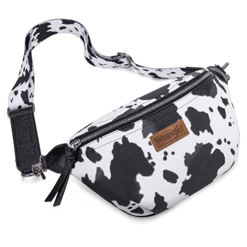 Wrangler Große Bauchtaschen für Damen, Kuh-Druck, Umhängetasche, Schultertasche mit verstellbarem langem Riemen, Schwarz, Large von Montana West