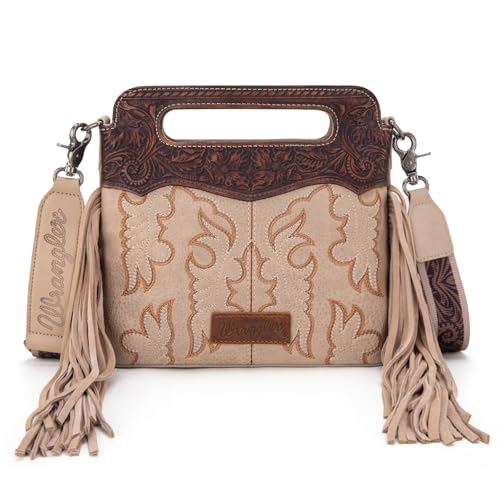 Wrangler Umhängetasche mit Tragegriff für Damen, bestickte Fransen, Western-Crossbody-Tasche, M, Hellbraun Wrangler Umhängetasche mit Tragegriff für Damen, bestickte Fransen, Western-Crossbody-Tasche, M, Hellbraun von Montana West
