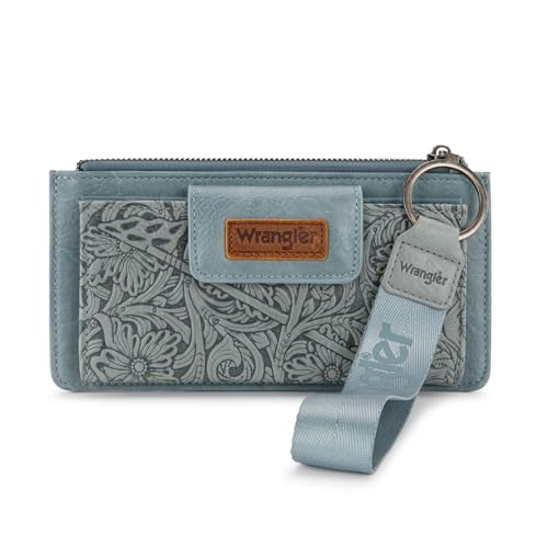 X Wrangler Western-Geldbörse für Damen, Kartenetuis und Geldorganizer, Bifold Wallet Wristlet mit Reißverschlusstasche, Jeansblau von Montana West
