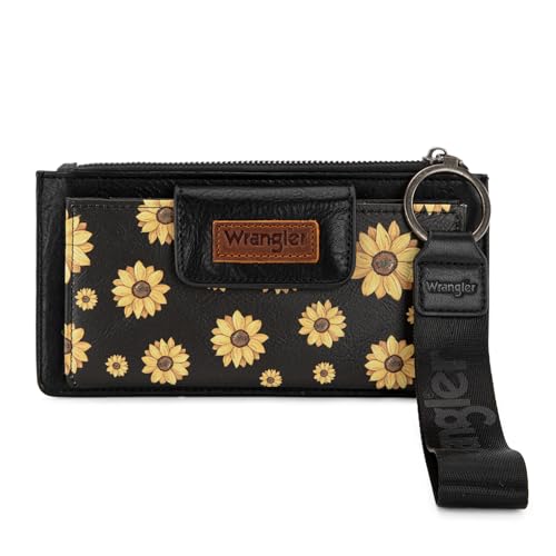 X Wrangler Western-Geldbörse für Damen, Kartenetuis und Geldorganizer, Bifold Wallet Wristlet mit Reißverschlusstasche, X Schwarz, Geldbörse mit Sonnenblumen-Motiv von Montana West