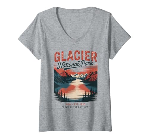 Damen America's Glacier National Park Landschaftskunst T-Shirt mit V-Ausschnitt Damen America's Glacier National Park Landschaftskunst T-Shirt mit V-Ausschnitt von Montana’s Crown of the Continent - Glacier
