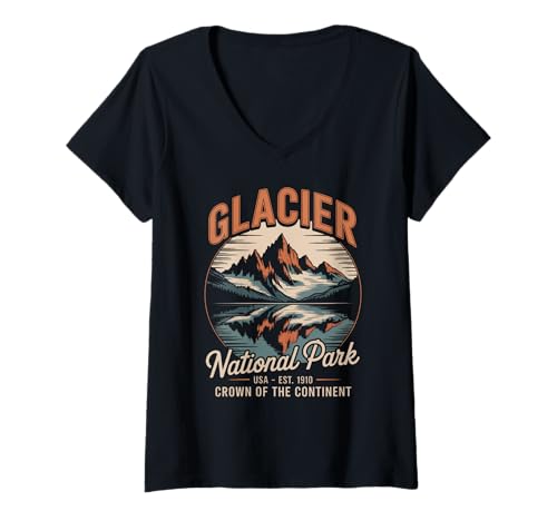 Damen Retro Explore America Glacier National Park T-Shirt mit V-Ausschnitt Damen Retro Explore America Glacier National Park T-Shirt mit V-Ausschnitt von Montana’s Crown of the Continent - Glacier