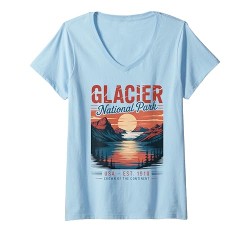 Damen Retro-Wanderer in den Bergen des Glacier-Nationalparks T-Shirt mit V-Ausschnitt Damen Retro-Wanderer in den Bergen des Glacier-Nationalparks T-Shirt mit V-Ausschnitt von Montana’s Crown of the Continent - Glacier