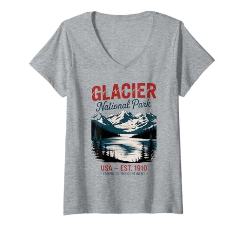 Damen Vintage-Nationalparkgletscher aus den USA, Montana T-Shirt mit V-Ausschnitt Damen Vintage-Nationalparkgletscher aus den USA, Montana T-Shirt mit V-Ausschnitt von Montana’s Crown of the Continent - Glacier