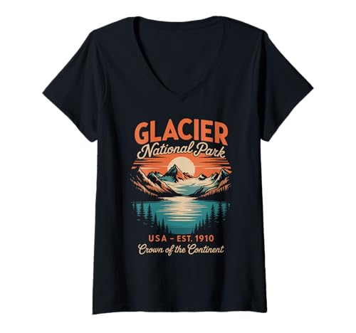 Damen Vintage-Retro-Glacier-Nationalpark T-Shirt mit V-Ausschnitt Damen Vintage-Retro-Glacier-Nationalpark T-Shirt mit V-Ausschnitt von Montana’s Crown of the Continent - Glacier