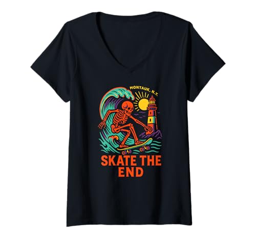 Damen Montauk Skate The End Retro Herren Skateboarding T-Shirt mit V-Ausschnitt Damen Montauk Skate The End Retro Herren Skateboarding T-Shirt mit V-Ausschnitt von Montauk Beach Life Surfs Up Skateboarding Style