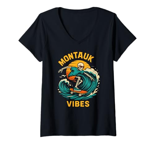 Damen Montauk Surfing Montauk Vibes Retro Herren Strandleben T-Shirt mit V-Ausschnitt Damen Montauk Surfing Montauk Vibes Retro Herren Strandleben T-Shirt mit V-Ausschnitt von Montauk Beach Life Surfs Up Skateboarding Style