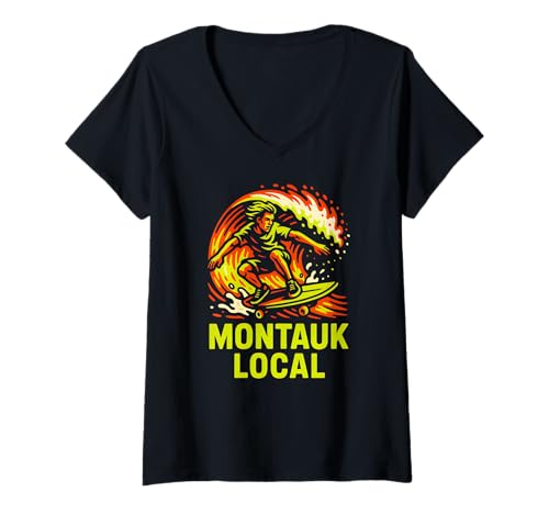 Damen Surfen Montauk Local Vintage Herren Beach Life T-Shirt mit V-Ausschnitt Damen Surfen Montauk Local Vintage Herren Beach Life T-Shirt mit V-Ausschnitt von Montauk Beach Life Surfs Up Skateboarding Style