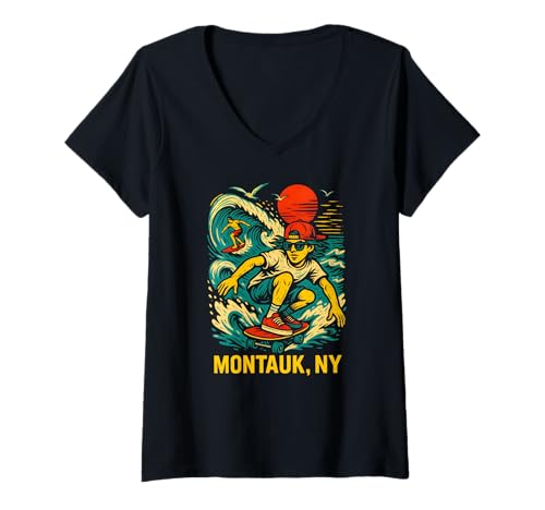 Damen Surfer Montauk NY Vintage Herren Coastal Living T-Shirt mit V-Ausschnitt Damen Surfer Montauk NY Vintage Herren Coastal Living T-Shirt mit V-Ausschnitt von Montauk Beach Life Surfs Up Skateboarding Style