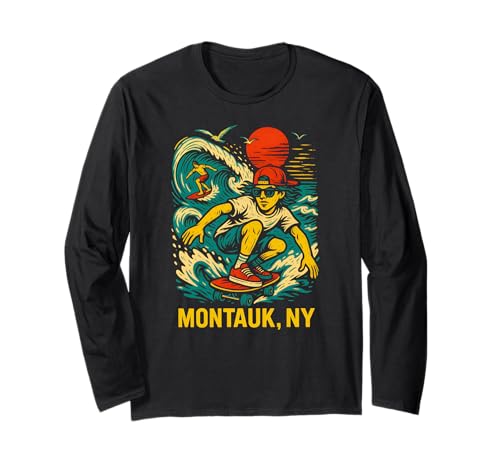 Surfer Montauk NY Vintage Herren Coastal Living Langarmshirt von Montauk Beach Life Surfs Up Skateboarding Style
