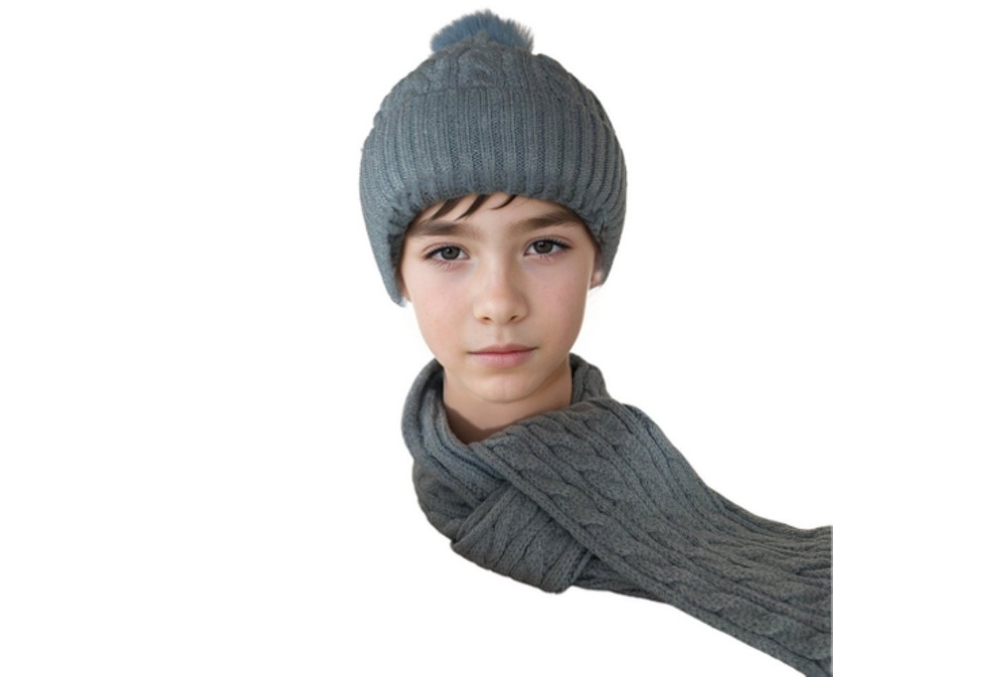 FadenWelt Bommelmütze 2 in 1 Kinder Wintermütze mit Schal Set (Kinder Winter Warm, Bommelmütze mit schal) Strickmütze Jungen Mädchen von FadenWelt