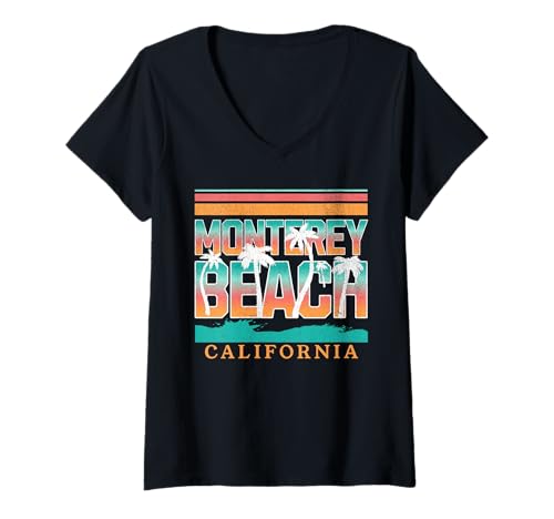 Damen Monterey T-Shirt mit V-Ausschnitt Damen Monterey T-Shirt mit V-Ausschnitt von Monterey Beach California Surfing Surf Ocean Retro