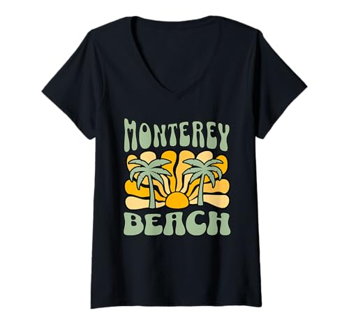Damen Monterey T-Shirt mit V-Ausschnitt Damen Monterey T-Shirt mit V-Ausschnitt von Monterey Beach California Surfing Surf Ocean Retro