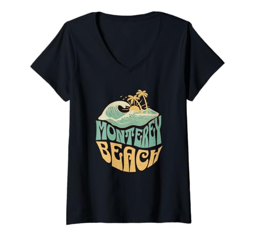 Damen Strand von Monterey T-Shirt mit V-Ausschnitt Damen Strand von Monterey T-Shirt mit V-Ausschnitt von Monterey Beach California Surfing Surf Ocean Retro