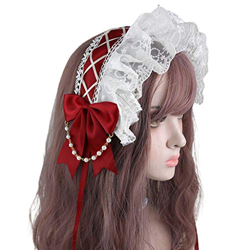 Haarband mit gerüschter Spitze, japanisches Band, Schleife, Dienstmädchen, Haarband, Perlenkette, Cosplay, Haar-Accessoire, Gesichtswäsche, Stirnbänder für Frauen von Montesy