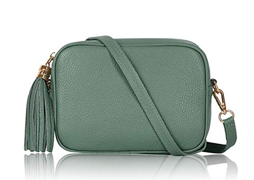 Montte Di Jinne - 100 % Made in Italy – Schultertasche, weiches Leder, mit Quasten-Schlüsselanhänger, Dusty Green, Length: 20cm Height: 15cm,Width: 8cm von Montte Di Jinne