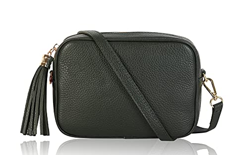 Montte Di Jinne - 100 % Made in Italy – Schultertasche, weiches Leder, mit Quasten-Schlüsselanhänger, dunkelgrün, Length: 20cm Height: 15cm,Width: 8cm von Montte Di Jinne