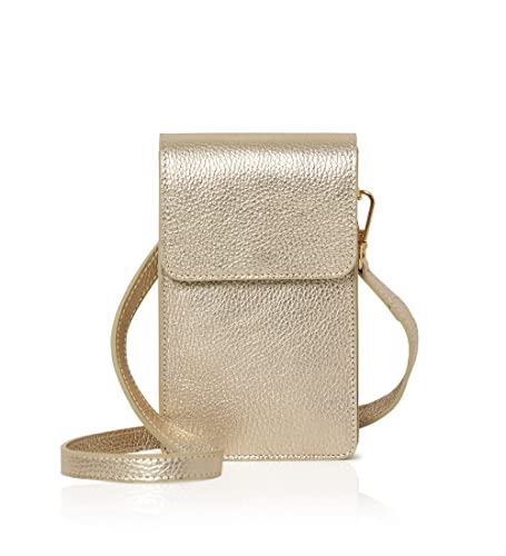 Montte Di Jinne – Damen-Handytasche, echtes italienisches Leder, mittelgroß, mit Klappe, Umhängeband, Geldbörse, Handy-Tasche mit abnehmbarem und verstellbarem Taschengurt, gold, Einheitsgröße von Montte Di Jinne