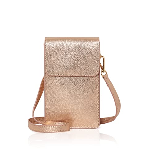 Montte Di Jinne – Damen-Handytasche, echtes italienisches Leder, mittelgroß, mit Klappe, Umhängeband, Geldbörse, Handy-Tasche mit abnehmbarem und verstellbarem Taschengurt, rose gold, Einheitsgröße von Montte Di Jinne