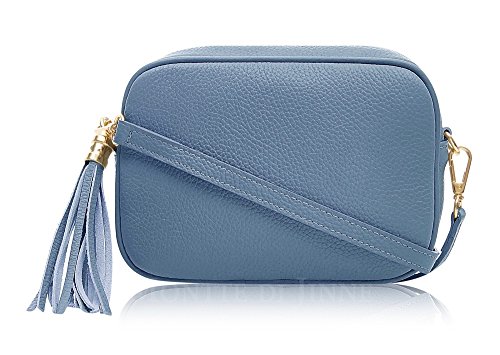 Montte Di Jinne - 100 % Made in Italy – Schultertasche, weiches Leder, mit Quasten-Schlüsselanhänger, Denium Blau, Length: 20cm Height: 15cm,Width: 8cm von Montte Di Jinne