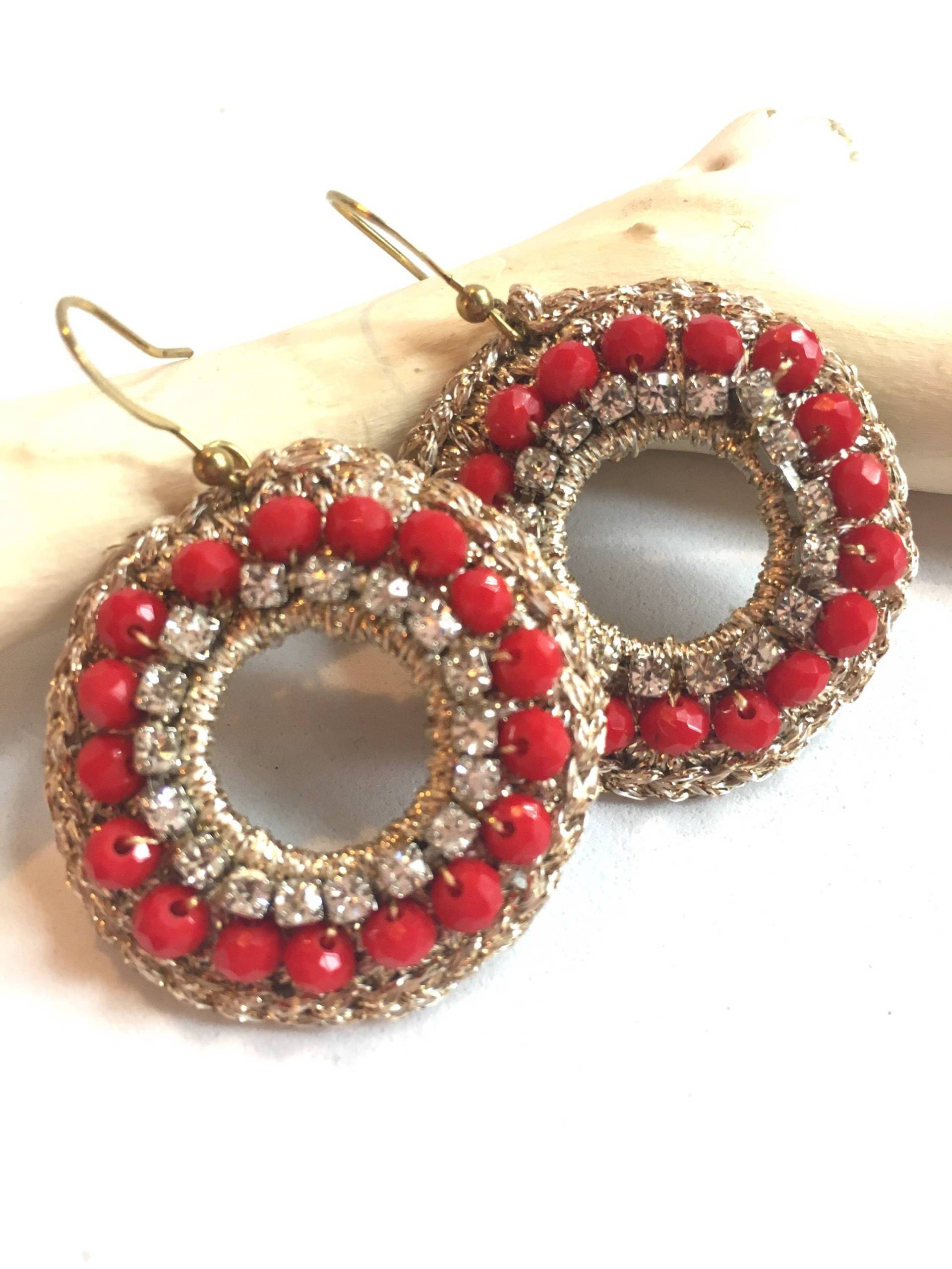 Ohrringe - Häkeln Elegante Runde Faser Rote Kirsche Schmuck Goldene Ohrringe - Häkeln Elegante Runde Faser Rote Kirsche Schmuck Goldene von MonyHeartmade