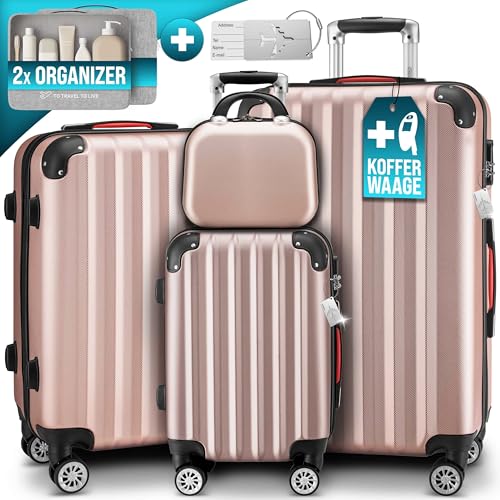 Monzana® 4tlg. Kofferset mit Beautycase, Rose - M-L-XL - inkl. Schloss, Organizer & Kofferwaage - Gurt Gel-Griffe, Zwillingsrollen, Standfüße, Trolley, Reisekoffer, Hartschalenkoffer, Gepäck-Set von Monzana