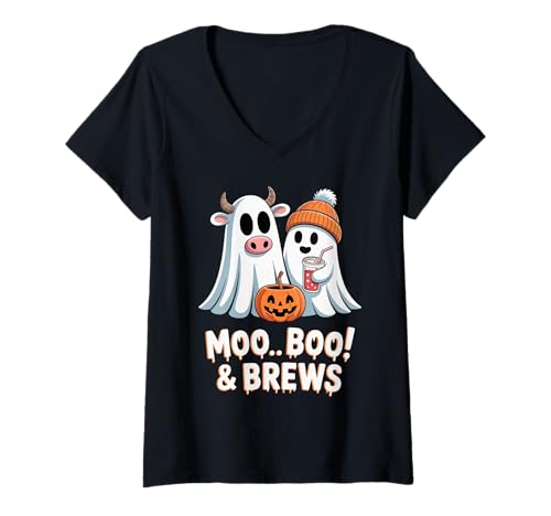 Damen Moo I Mean Boo Lustige Kuh Geist Halloween Kaffeeliebhaber T-Shirt mit V-Ausschnitt Damen Moo I Mean Boo Lustige Kuh Geist Halloween Kaffeeliebhaber T-Shirt mit V-Ausschnitt von Moo Boo and Brews Halloween Coffee Lovers Tee Co.