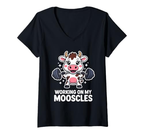 Damen Lustiges Zitat Working on My Mooscles Cow Gym Workout Humor T-Shirt mit V-Ausschnitt Damen Lustiges Zitat Working on My Mooscles Cow Gym Workout Humor T-Shirt mit V-Ausschnitt von Moo Squad Gym Humor Fitness Apparel