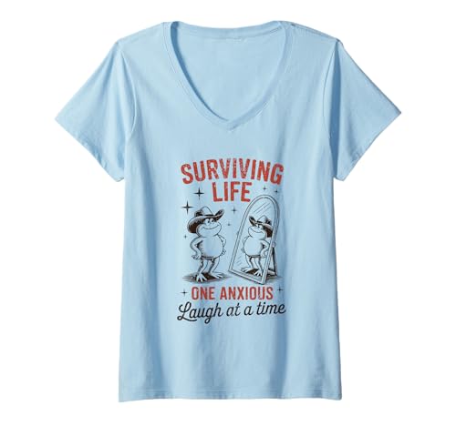 Damen Surviving Life One Anxious Laugh at a Time Lustiger Frosch T-Shirt mit V-Ausschnitt Damen Surviving Life One Anxious Laugh at a Time Lustiger Frosch T-Shirt mit V-Ausschnitt von MoodFrog